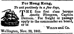 Advertisement for Amelia Thompson sailing ship